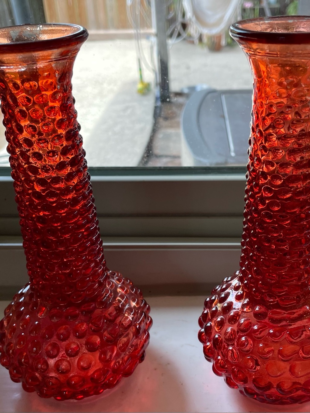2 vintage E.O. Brody ruby red flashed hobnail glass vases.